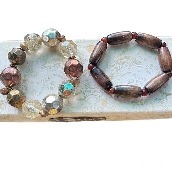 Set of 2 Boho Stretchy Women’s Bracelets Neutral Earthy Brown Tones - Picture 1 of 3